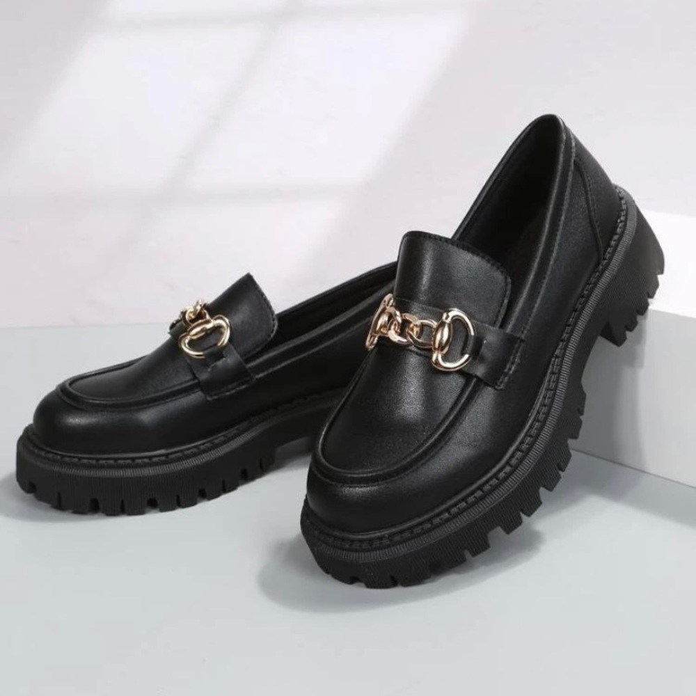 Gold Chain Platform Loafers, Size US8 (CN40), Color Black